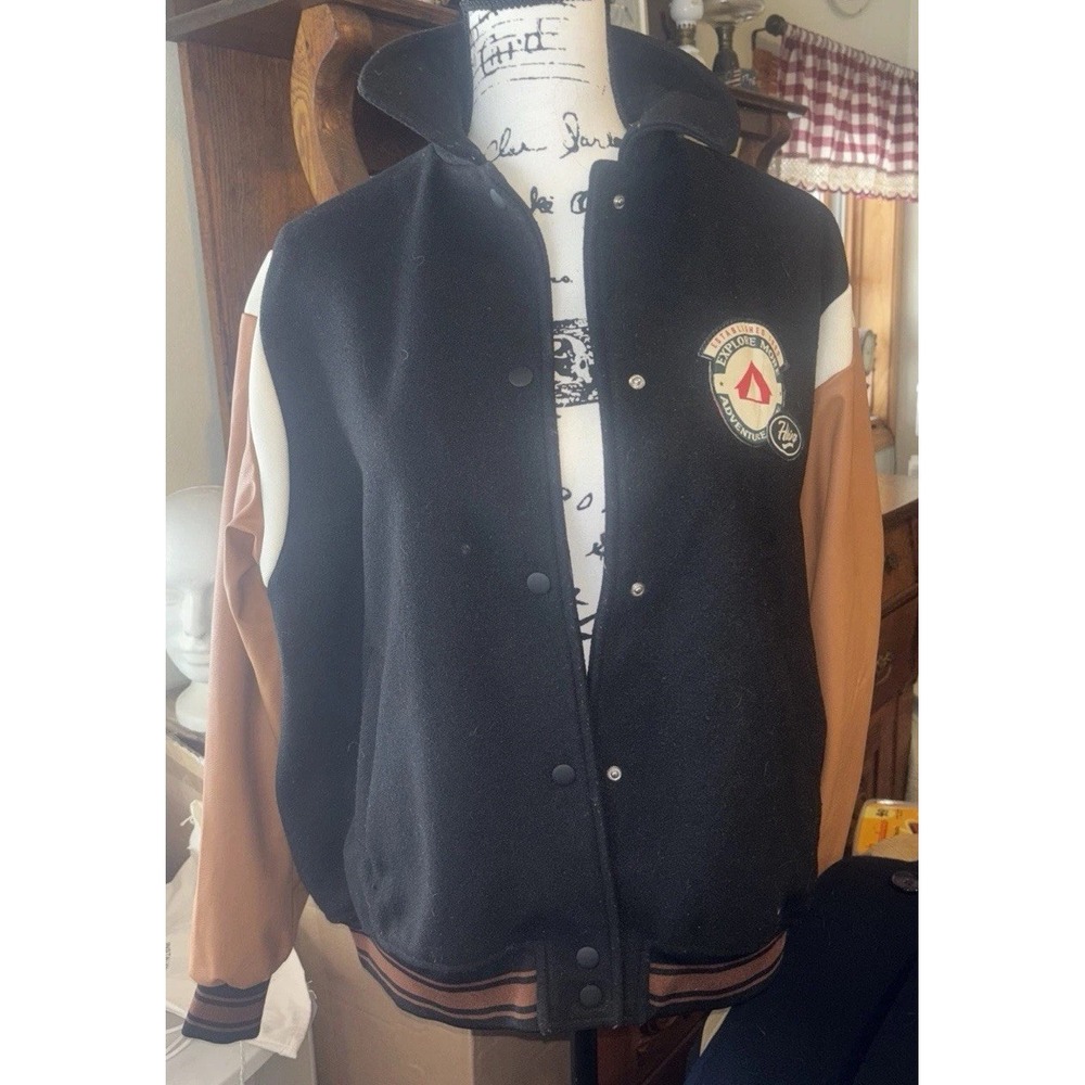 H&M Women's Baseball Varsity Jacket 'Outdoor Camper' Black Size S